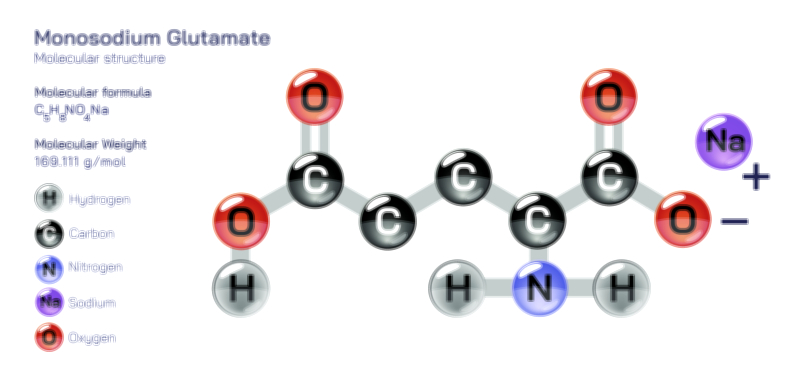 Monosodium Glutamate Molecular Structure and Composition Vector Illustration