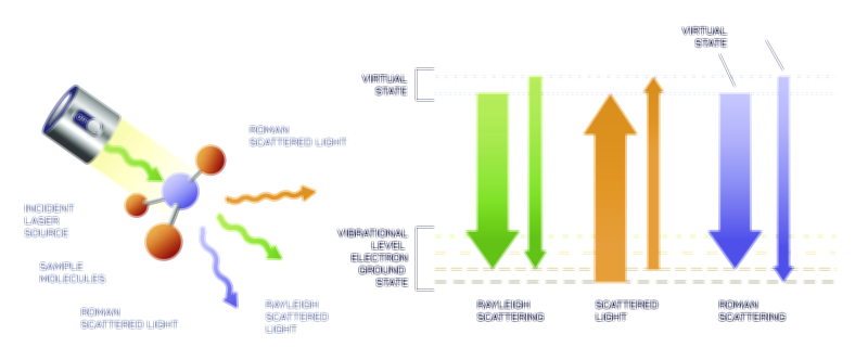 The diagram illustrates the fundamental principles of Rayleigh and Raman scattering. 