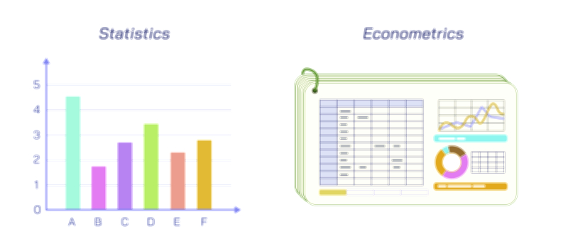 Statistics vs Econometrics educational comparison vector illustration for data science and economics learning