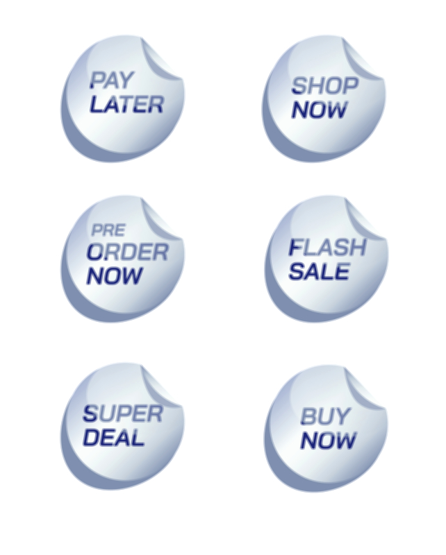 Order Now, Pay Later, Flash Sale, Super Deal, and Pre Order Buttons Vector Illustration – Modern E-Commerce UI Design