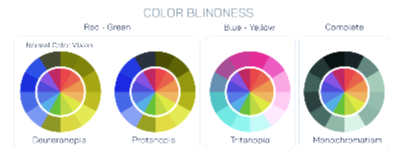 Eye Colors and Color Blindness Vector Illustration Showing Normal Vision and Color Deficiency Types