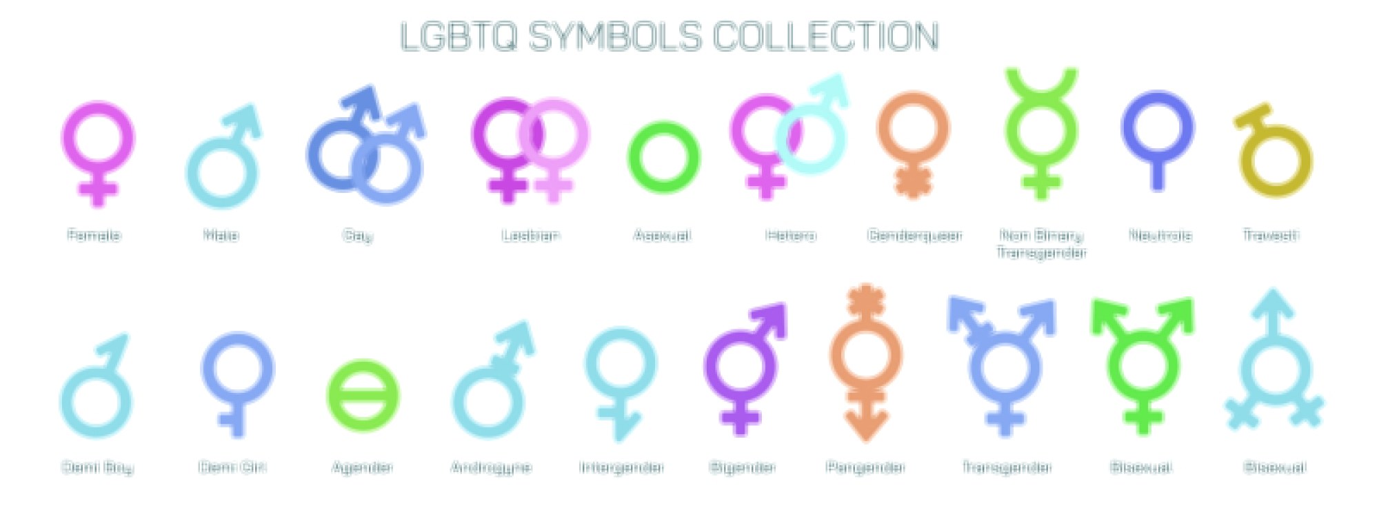 LGBTQ symbol collection vector illustration showing pride flags, gender icons, and equality signs representing diverse identities