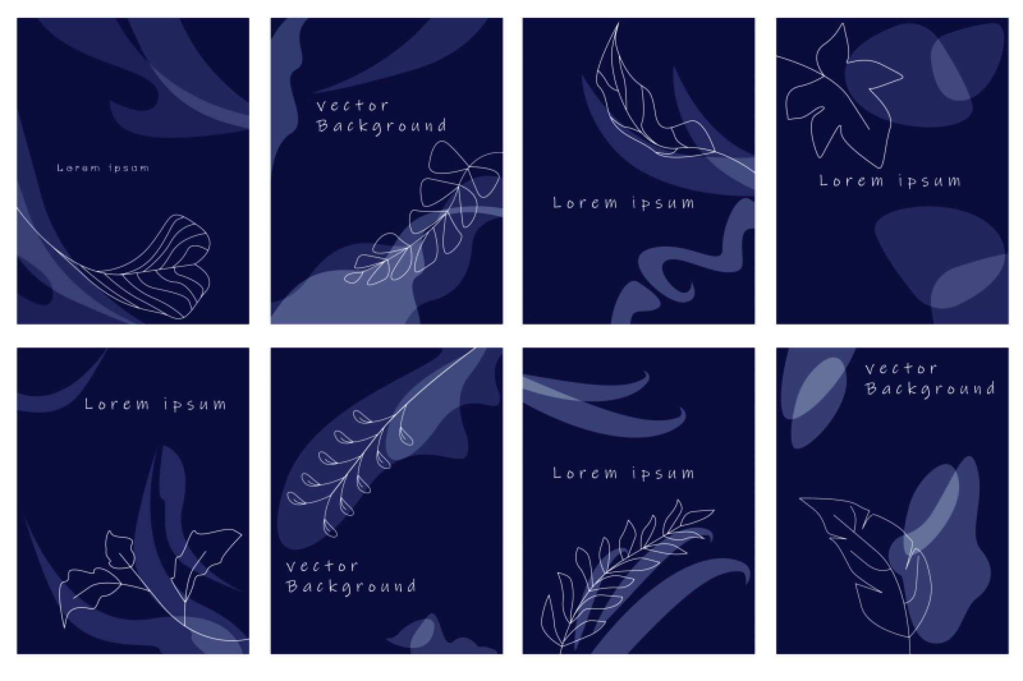 Vector Set of Abstract Elegant Deep Blue Creative Backgrounds with Seasonal Leaves: Trendy Template Illustrations for Print, Web, and Design Projects