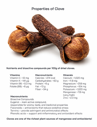 Clove Properties and Characteristics: Nutritional Value, Health Benefits, Origin and Traditional Uses