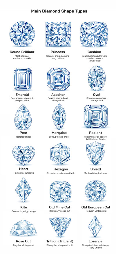 Main Diamond Shape Types: Classic, Fancy, Modern, and Vintage Diamond Cuts Explained
