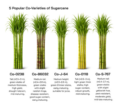 Five Popular Sugarcane Co-Varieties Explained: Co-0238, Co-86032, Co-J-64, Co-0118, and Co-S-767