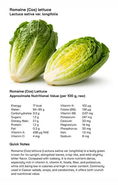 Romaine (Cos) Lettuce (Lactuca sativa var. longifolia): Health Benefits, Uses, and Global Popularity