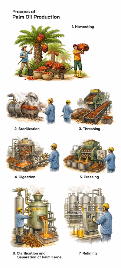 Process of Palm Oil Production: From Harvesting Fresh Fruit Bunches to Final Refining